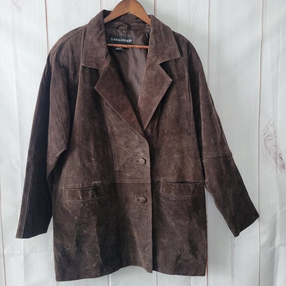 SAVANNAH Vintage Brown Leather Coat Jacket, Women’s 1XL, Mid Length Button, EUC - Picture 1 of 8